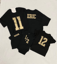 Load image into Gallery viewer, Sport theme t-shirt, Sport Numbers, sport tee, gold letters

