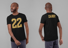 Load image into Gallery viewer, Sport theme t-shirt, Sport Numbers, sport tee, gold letters
