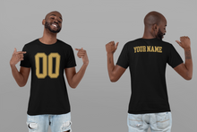 Load image into Gallery viewer, Sport theme t-shirt, Sport Numbers, sport tee, gold letters
